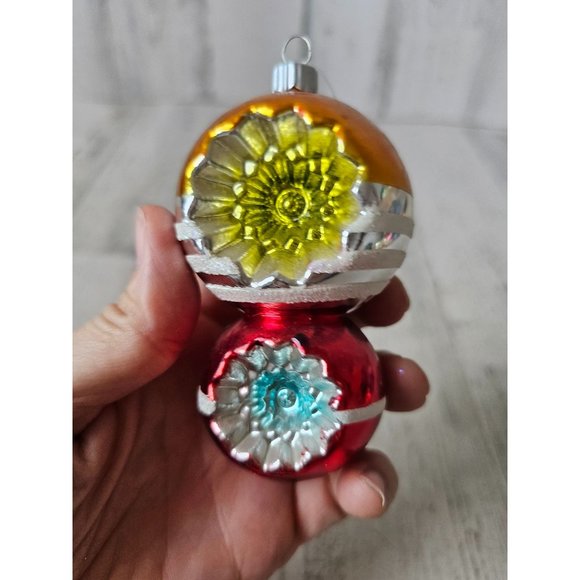 Radko shiny Brite double reflector vintage striped orange red ornament Xmas tree - Picture 3 of 8